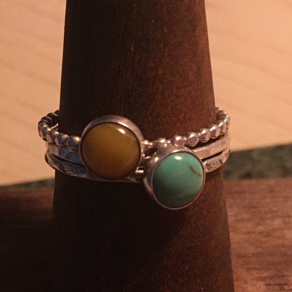 Turquoise, Yellow Jasper Sterling Stacking Ring Set - Handmade & Like New - Picture 2 of 5